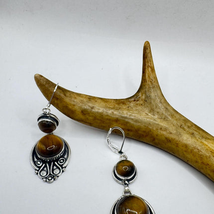 Vintage Tigers Eye Dangle Earrings Sterling Silver Leverbacks-Earrings-TomWayne Jewelers