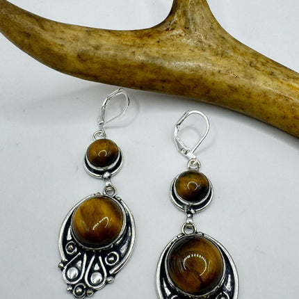 Vintage Tigers Eye Dangle Earrings Sterling Silver Leverbacks-Earrings-TomWayne Jewelers