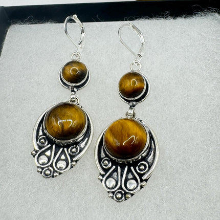 Vintage Tigers Eye Dangle Earrings Sterling Silver Leverbacks-Earrings-TomWayne Jewelers