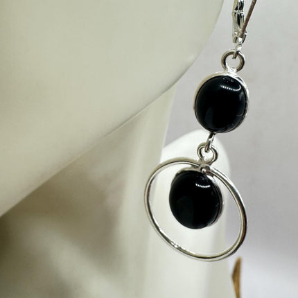 Vintage Black Onyx Dangle Earrings Sterling Silver Leverbacks