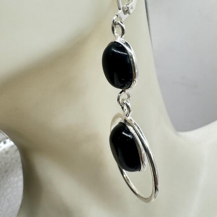 Vintage Black Onyx Dangle Earrings Sterling Silver Leverbacks