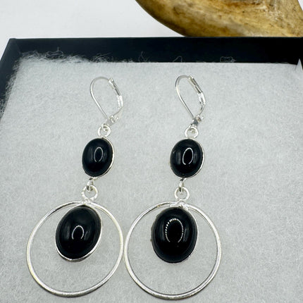 Vintage Black Onyx Dangle Earrings Sterling Silver Leverbacks