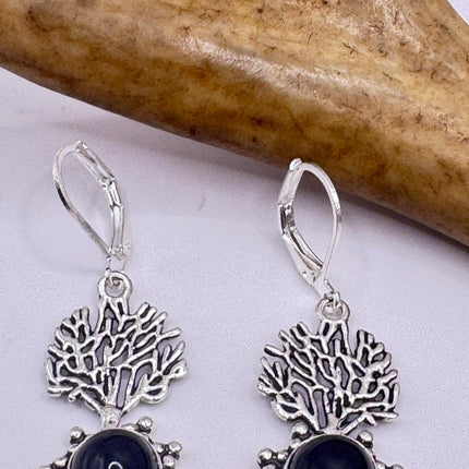 Vintage Black Onyx Dangle Earrings Sterling Silver Leverbacks