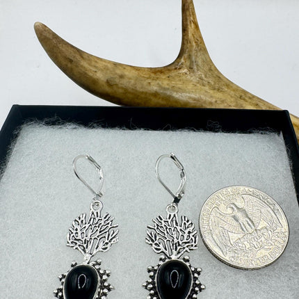 Vintage Black Onyx Dangle Earrings Sterling Silver Leverbacks