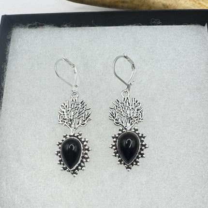 Vintage Black Onyx Dangle Earrings Sterling Silver Leverbacks