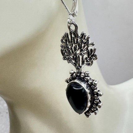 Vintage Black Onyx Dangle Earrings Sterling Silver Leverbacks