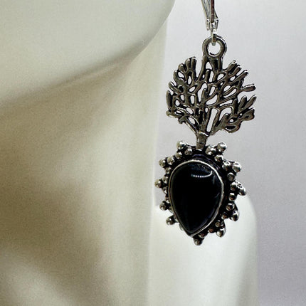 Vintage Black Onyx Dangle Earrings Sterling Silver Leverbacks