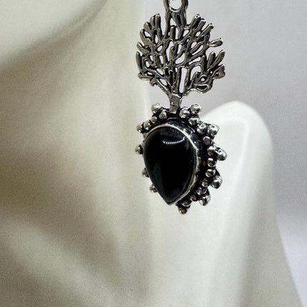 Vintage Black Onyx Dangle Earrings Sterling Silver Leverbacks