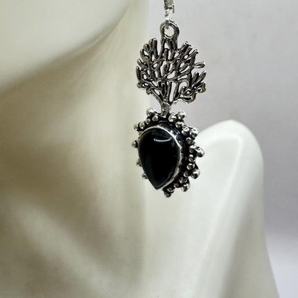 Vintage Black Onyx Dangle Earrings Sterling Silver Leverbacks