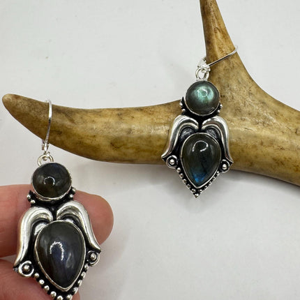 Vintage Labradorite Dangle Earrings Sterling Silver Leverbacks-Earrings-TomWayne Jewelers
