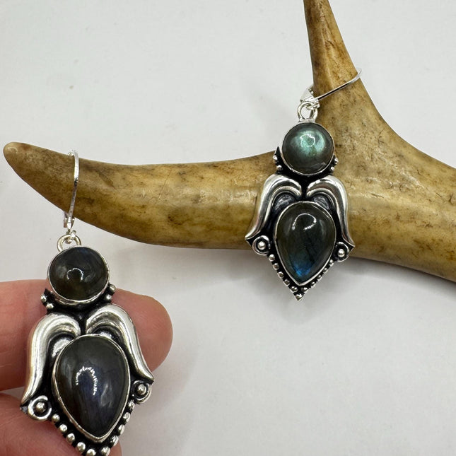 Vintage Labradorite Dangle Earrings Sterling Silver Leverbacks-Earrings-TomWayne Jewelers