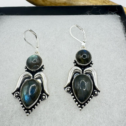Vintage Labradorite Dangle Earrings Sterling Silver Leverbacks-Earrings-TomWayne Jewelers