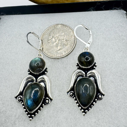 Vintage Labradorite Dangle Earrings Sterling Silver Leverbacks-Earrings-TomWayne Jewelers