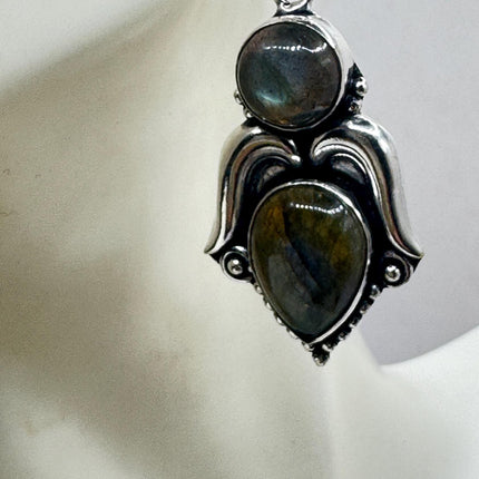 Vintage Labradorite Dangle Earrings Sterling Silver Leverbacks-Earrings-TomWayne Jewelers