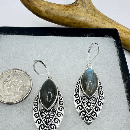 Vintage Labradorite Dangle Earrings Sterling Silver Leverbacks-Earrings-TomWayne Jewelers