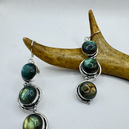 Vintage Labradorite Dangle Earrings Sterling Silver Leverbacks-Earrings-TomWayne Jewelers