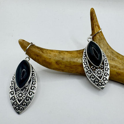 Vintage Black Onyx Dangle Earrings Sterling Silver Leverbacks-Earrings-TomWayne Jewelers