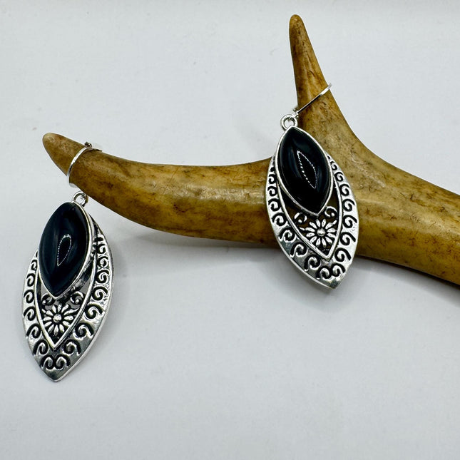 Vintage Black Onyx Dangle Earrings Sterling Silver Leverbacks-Earrings-TomWayne Jewelers