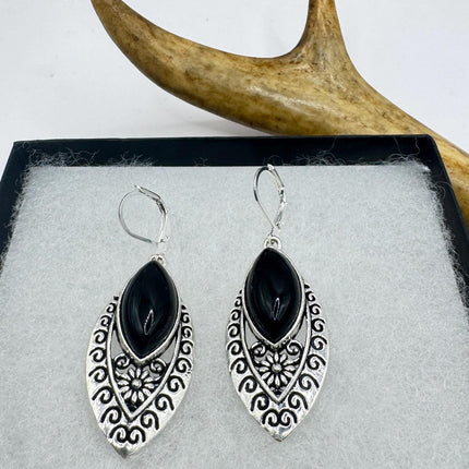 Vintage Black Onyx Dangle Earrings Sterling Silver Leverbacks-Earrings-TomWayne Jewelers