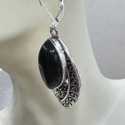 Vintage Black Onyx Dangle Earrings Sterling Silver Leverbacks-Earrings-TomWayne Jewelers