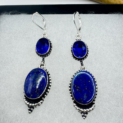 Vintage Blue Lapis Lazuli Dangle Earrings Sterling Silver Leverbacks