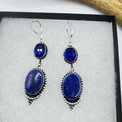 Vintage Blue Lapis Lazuli Dangle Earrings Sterling Silver Leverbacks