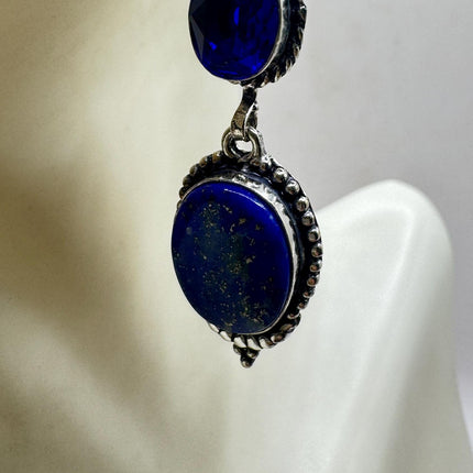 Vintage Blue Lapis Lazuli Dangle Earrings Sterling Silver Leverbacks