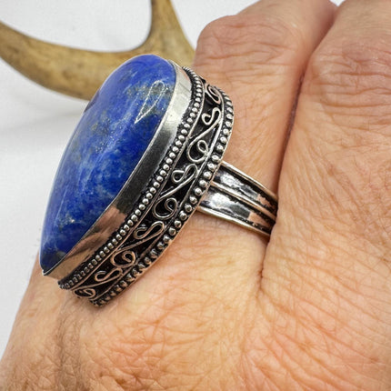 Vintage Boho Blue lapis lazuli Ring Band chunky cocktail ring Size 9
