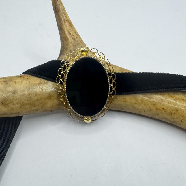 Vintage Black Onyx Brooch Pin, Gold Filled black velvet choker-Pins and Brooches-TomWayne Jewelers