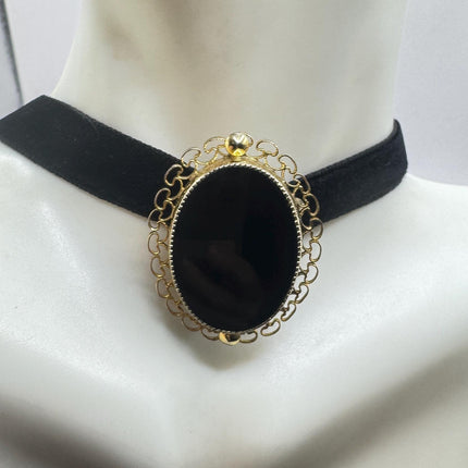 Vintage Black Onyx Brooch Pin, Gold Filled black velvet choker-Pins and Brooches-TomWayne Jewelers