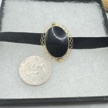 Vintage Black Onyx Brooch Pin, Gold Filled black velvet choker-Pins and Brooches-TomWayne Jewelers