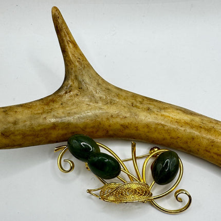 Vintage Green Jade Brooch Pin - Gold Filled Black Velvet Choker Lucky Jade Design-Pins and Brooches-TomWayne Jewelers