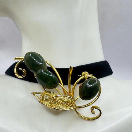 Vintage Green Jade Brooch Pin - Gold Filled Black Velvet Choker Lucky Jade Design-Pins and Brooches-TomWayne Jewelers