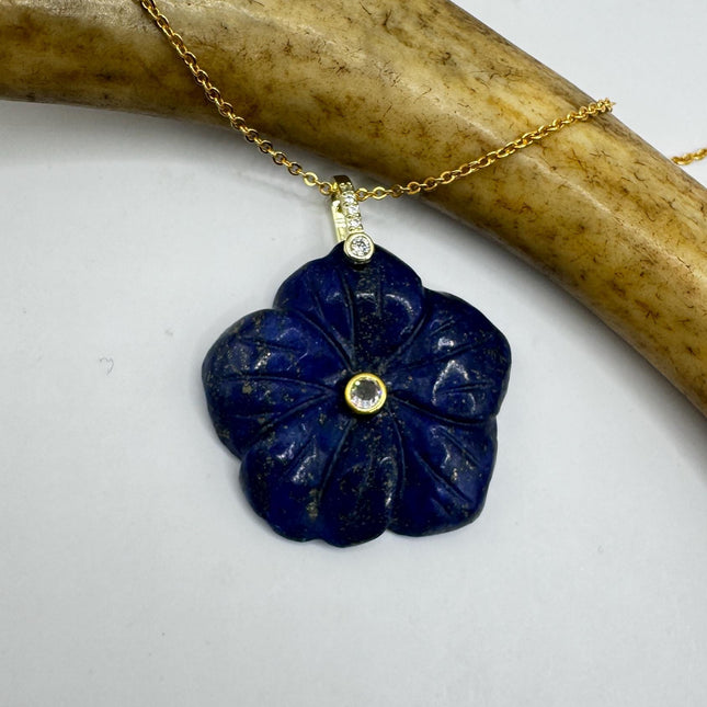 Vintage Blue lapis lazuli Flower Necklace Gold Filled