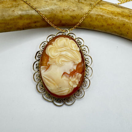 Vintage Cameo Necklace: GF Pendant, Delicate Gold Chain Pin Brooch