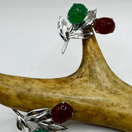 Vintage Green Nephrite Jade Carnelian Scarabs Screw Clip-On Earrings