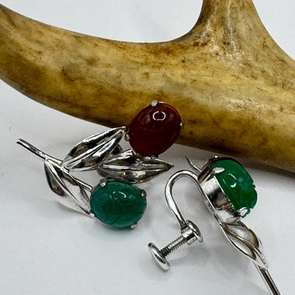 Vintage Green Nephrite Jade Carnelian Scarabs Screw Clip-On Earrings