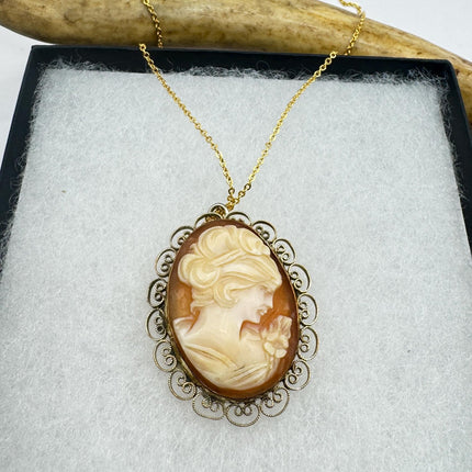 Vintage Cameo Necklace: GF Pendant, Delicate Gold Chain Pin Brooch