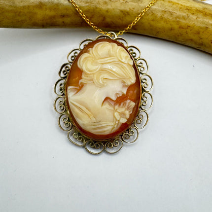 Vintage Cameo Necklace: GF Pendant, Delicate Gold Chain Pin Brooch