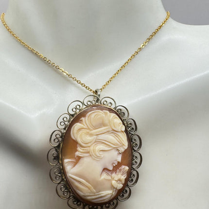 Vintage Cameo Necklace: GF Pendant, Delicate Gold Chain Pin Brooch