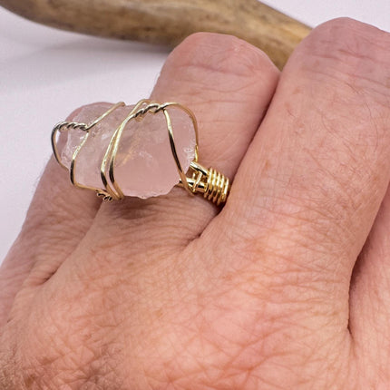 Vintage Pink Rose Quartz Statement Ring Gold 925 Sterling Silver Adjustable-Rings-TomWayne Jewelers