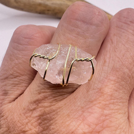 Vintage Pink Rose Quartz Statement Ring Gold 925 Sterling Silver Adjustable-Rings-TomWayne Jewelers