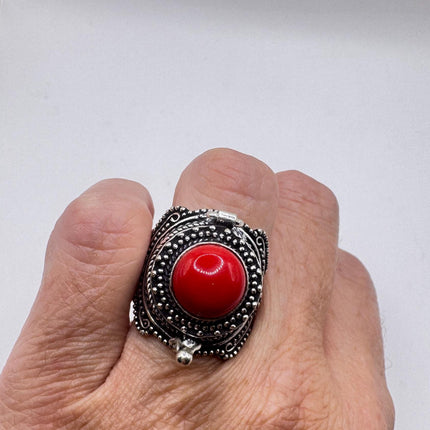 Vintage Red Silver Bronze Poison Ring-Rings-TomWayne Jewelers