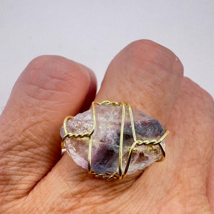Vintage Green Purple Fluorite Statement Ring Gold 925 Sterling Silver Adjustable-Rings-TomWayne Jewelers