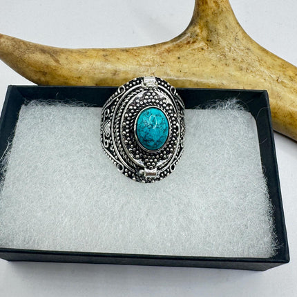 Vintage Silver Bronze Poison Ring | Blue Turquoise | Ring-Rings-TomWayne Jewelers
