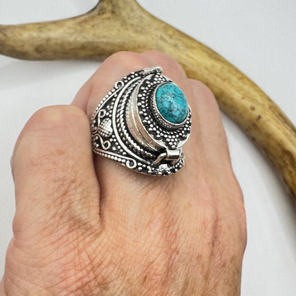 Vintage Silver Bronze Poison Ring | Blue Turquoise | Ring-Rings-TomWayne Jewelers