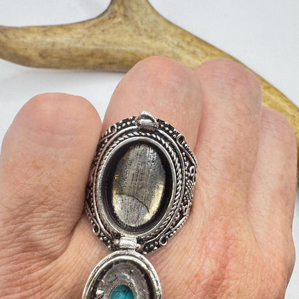 Vintage Silver Bronze Poison Ring | Blue Turquoise | Ring-Rings-TomWayne Jewelers