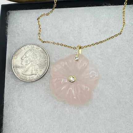 Vintage Rose Quartz Crystal Flower Necklace Gold Filled