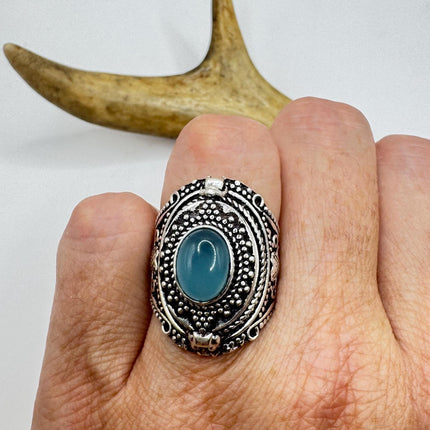 Vintage Silver Bronze Poison Ring Blue Chalcedony Statement Ring-Rings-TomWayne Jewelers