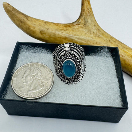 Vintage Silver Bronze Poison Ring Blue Chalcedony Statement Ring-Rings-TomWayne Jewelers